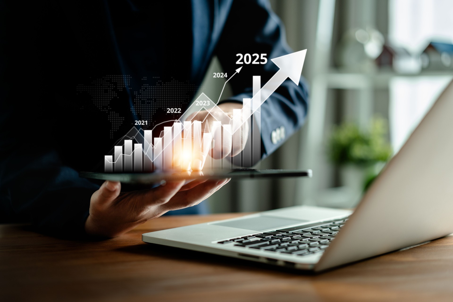 Businesswomen using stylus pen drawing line arrow up to analyze the stock market with virtual chart,  trend upside business market growth, investments and financial concept.